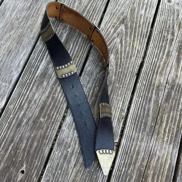 ADK Retro Vintage Black Leather Studded Belt with Antiqued Brass Hardware Edgy S - Picture 5 of 13